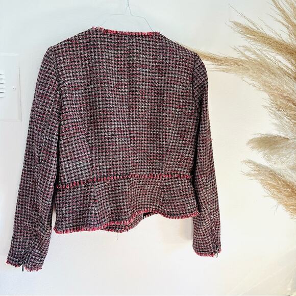 WHBM Pink Black Red Tweed Woven Peplum Ruffle Fringe Moto Zip Blazer Jacket 4 - Picture 14 of 15
